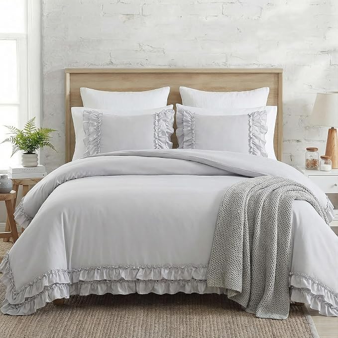 Bedorm Gray Duvet Cover Set King Ruffle Bedding Set Pleat Ruffled Shabby Chic Comforter Cover Extra Soft & Easy Care Gray Boho Duvet Cover with Zipper Closure