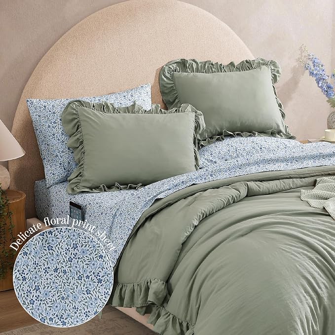 California King Comforter Set-7 Pieces Ruffle Bedding | Sage Green Bed in a Bag, Soft Lightweight All Season Farmhouse King Size Bedding Sets with Floral Sheets, Pillowcases & Shams