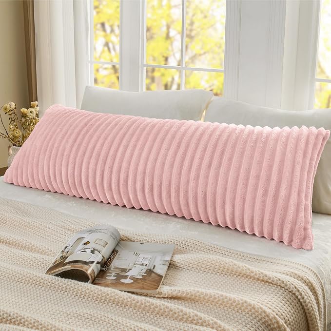 BEDELITE Fluffy Striped Body Pillow Cover with Zipper, Pink, 20x54 | Ultra-soft Faux Fur with 10D Striped Texture, Comfy, Plush, and Cloud-like, Body Pillow Pillowcase for Bed Couch Room Decor