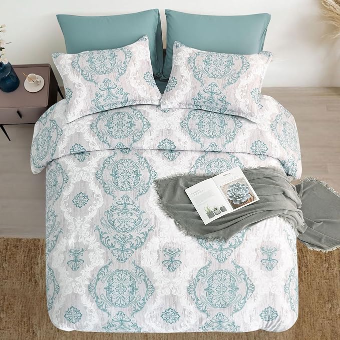 WONGS BEDDING Aqua Comforter Set King Size, Damask Texture 7 Pieces Bed in a Bag Microfiber Bohemian Comforter Bedding Sheet Set with Comforter, Flat Sheet, Fitted Sheet, Pillow Shams, Pillowcases