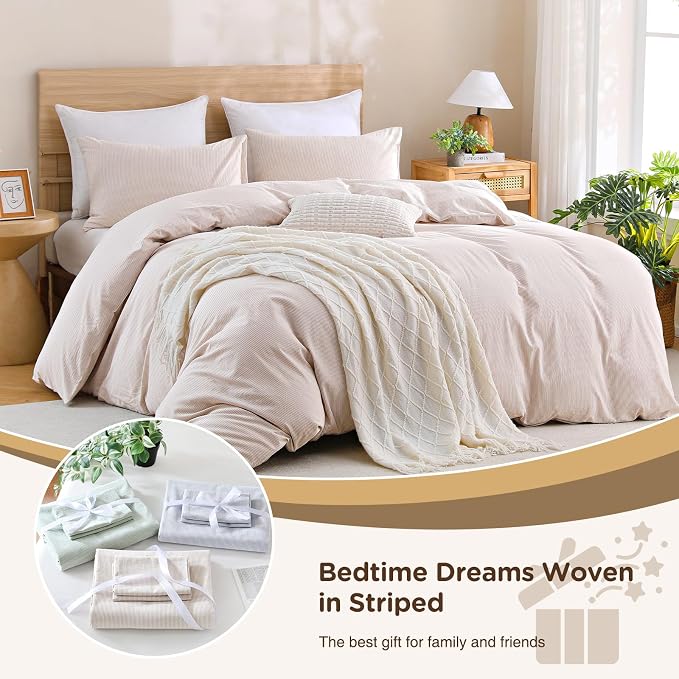 TOCOMOA Brown Striped Duvet Cover Set 100% Washed Cotton Like Linen, King | Linen-Like Feel Soft, Breathable & Comfy for All Season. Pinstriped Bedding Set with Zipper & 8 Ties. 3 Pcs, No Insert