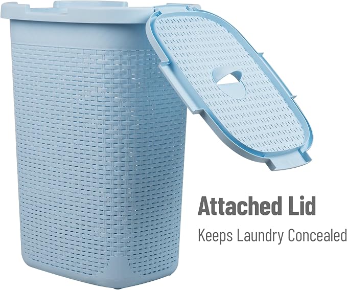 Mind Reader Slim Laundry Hamper with Lid, 60L Tall Clothes Basket, Narrow Tapered Design for Bathrooms, Closets and Laundry Rooms, Plastic, Baby Blue