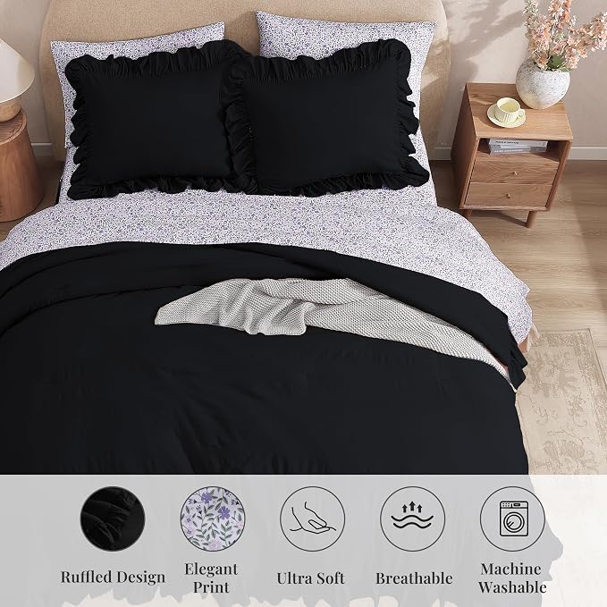Full Size Comforter Sets-7 Pieces Ruffle Bedding Floral Sheet | Black Bed in a Bag, Soft Lightweight All Season Farmhouse Full Size Bedding Sets with Floral Sheets, Pillowcases & Shams
