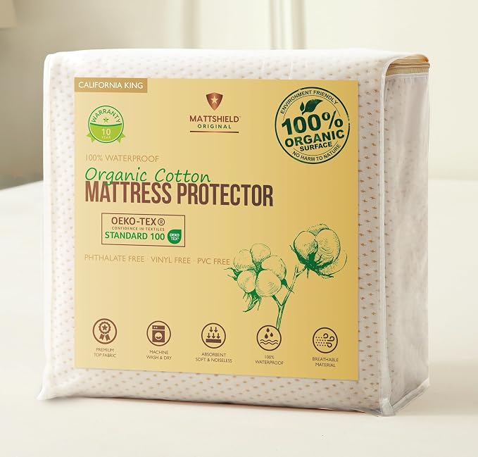 Deluxe Cooling Mattress Protector Cali King - Waterproof - Crisp, Breathable Organic Cotton Surface with a Percale-Inspired Feel - 280GSM Air-Knit Mattress Pad - Noiseless Deep Pocket