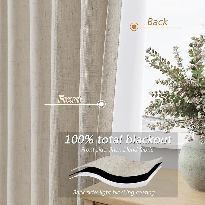 Extra Long 100% Blackout Linen Curtains for Bedroom 108 inches Long, Thermal Insulated Room Darkening Black Out Drapes for Living Room, Back Tab Rod Pocket 2 Panels Set,Taupe Burlywood,52x108