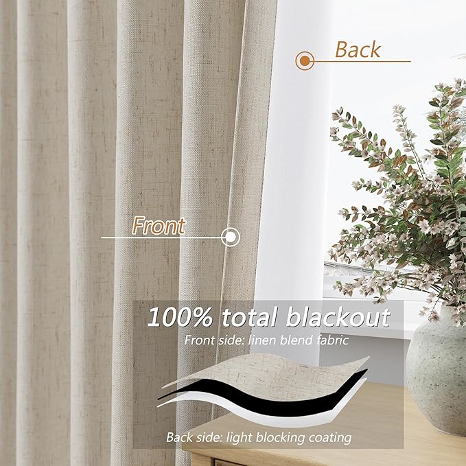 100% Blackout Linen Curtains for Bedroom 84 inches Long, Thermal Insulated Room Darkening Black Out Drapes for Living Room, Back Tab Rod Pocket 2 Panels Set,Taupe Burlywood,52x84