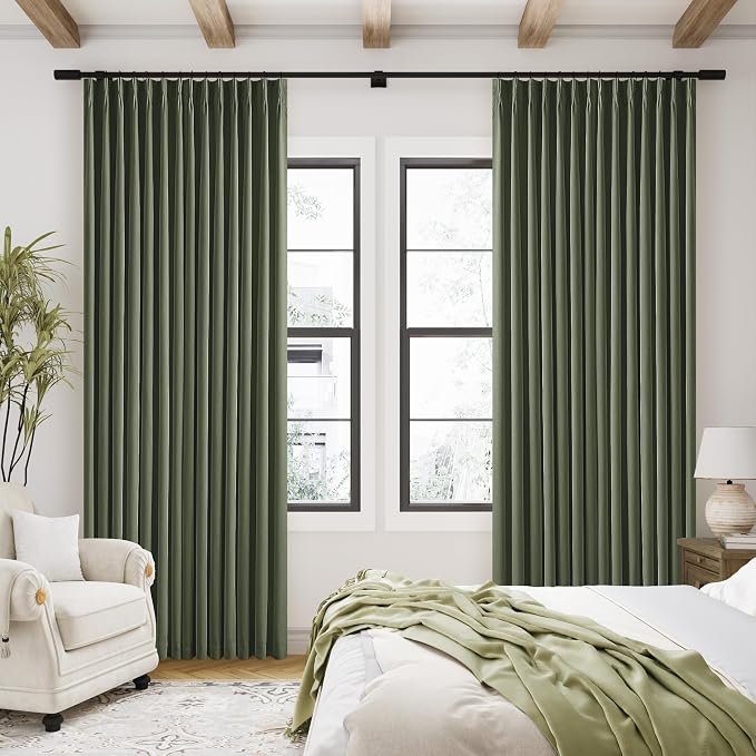 Olive Green Pleated Linen Blackout 102 Inch Curtains for Bedroom 2 Panels | 100% Black Out Thermal Insulated, Pinch Pleat with Rings Hooks, Room Darkening Drapes with Liner, for Living Room W40xL102