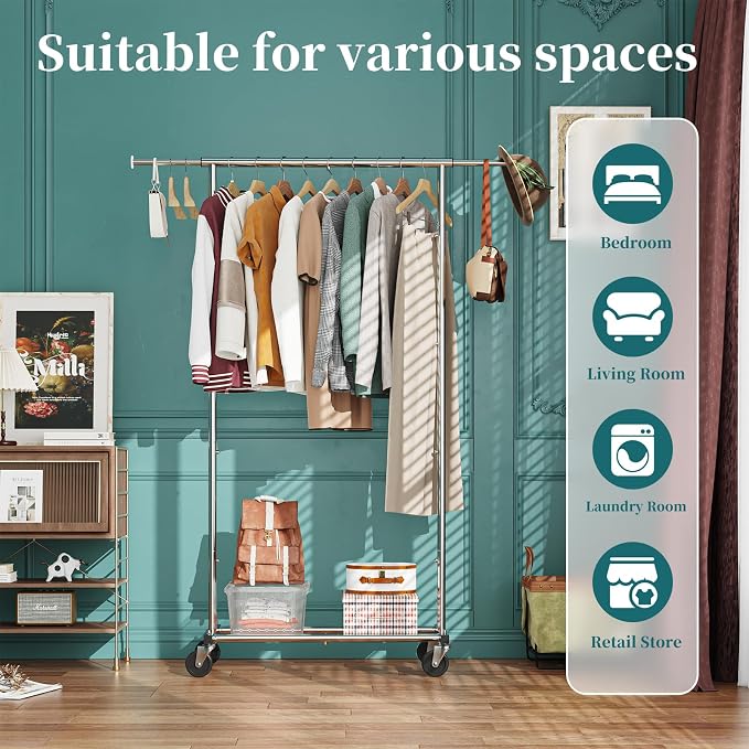 Simple Trending Standard Rod Clothing Garment Rack, Rolling Clothes Organizer on Wheels for Hanging Clothes, Chrome (Pack of 3)