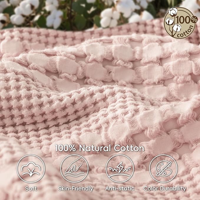 PHF Lightweight 100% Cotton Waffle Blanket for Bed, Twin XL, Pink | Pre-Washed Soft Cotton Comfort, Breathable Layering Warmth for Fall & Winter, Couch & Guest Room, Couch, Home Decor & Gifts