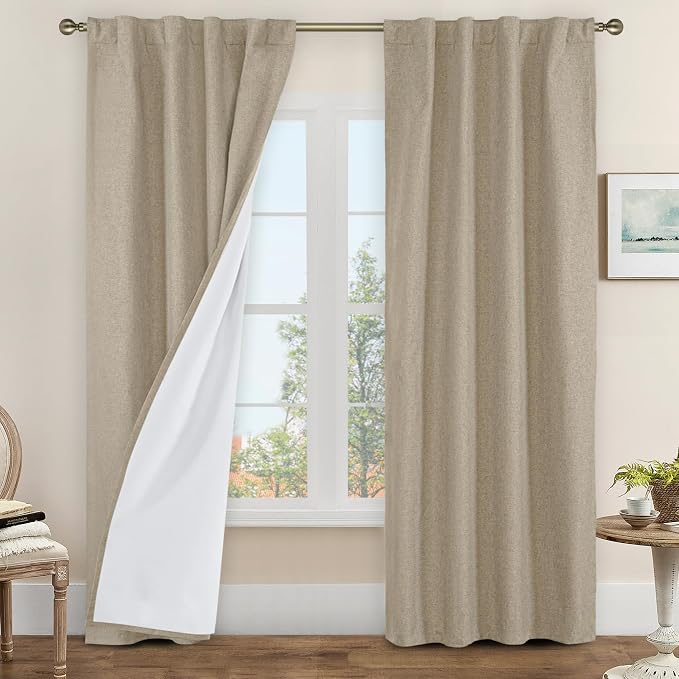 100% Blackout Linen Curtains 84 Inch for Living Room 2 Panels | Taupe, Farmhouse, Bedroom Curtains, Room Darkening, Privacy Panels, Rod Pocket Back Tab, with White Liner, 38 x 84 Inch