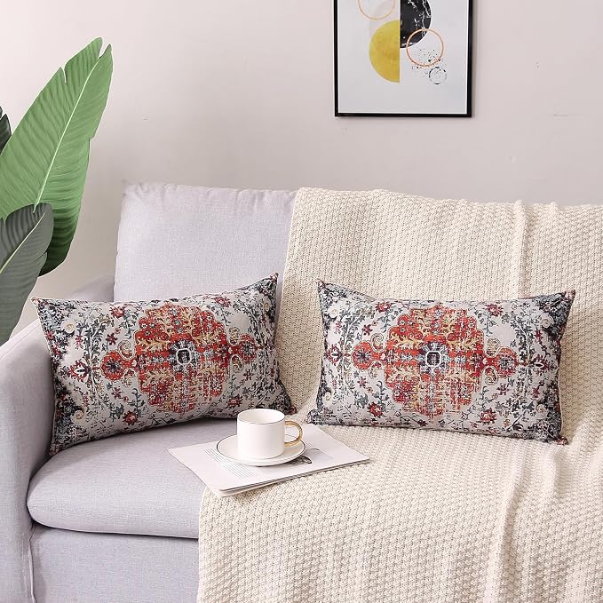 Outdoor Waterproof Pillow Set of 2 - 12X20 Inch Bohemian Vintage Carpet Pattern, Blue & Burnt Orange, Ethnic Design, Decorative Farmhouse Pillow Covers for Couch, Garden, Balcony