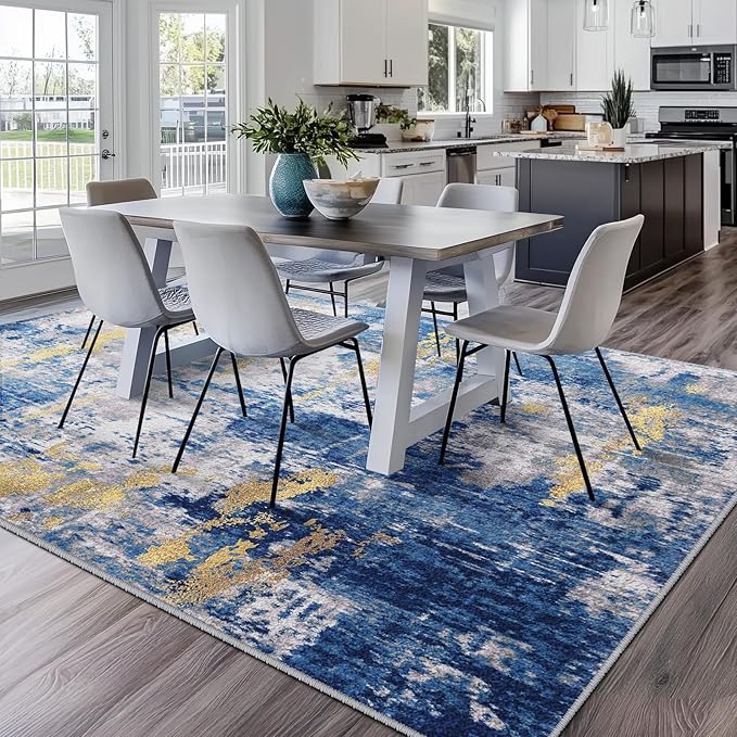 RELEANY Washable 6'x9' Abstract Area Rug for Living Room Blue Gold | Carpet for Bedroom, Kitchen, Office, Hallway and Entryway, Printed Pattern, Non‑Slip, Soft, Stain‑Resistant, Easy to Clean