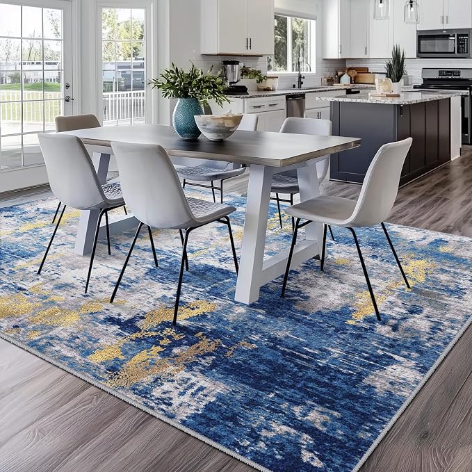 RELEANY Washable Square 9'x9' Area Rug for Living Room Blue Gold | Carpet for Bedroom, Kitchen, Office, Hallway and Entryway, Printed Pattern, Non‑Slip, Soft, Stain‑Resistant, Easy to Clean