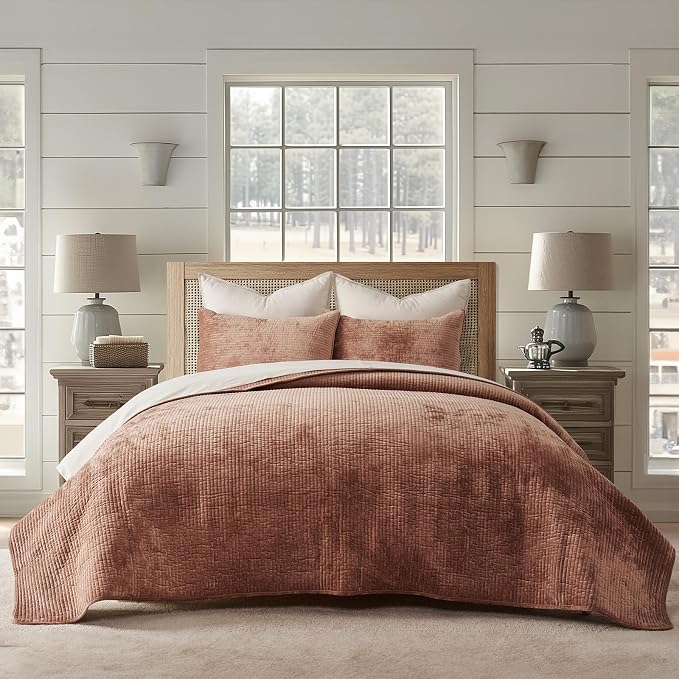 EverGrace Striped Channel Velvet Quilt Set, Queen Size, Terracotta Clay | Luxurious Soft Lightweight Velvet Comforter, Oversized Bedspread Coverlet, Quilted Bedding Set for All Season, with 2 Shams