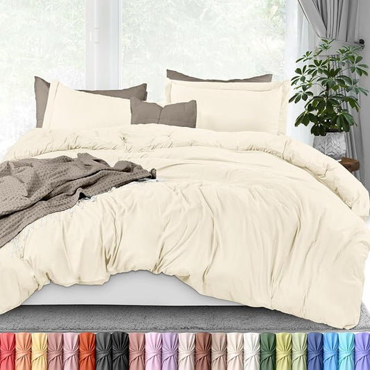 Duvet Cover Full, 3 Piece Cotton Like Polyester With Zipper Closure, Ivory | Extra Soft and Breathable, Wrinkle & Fade Resistant, Includes Duvet Cover and 2 Pillow Shams, Comforter Not Included, OekoTex