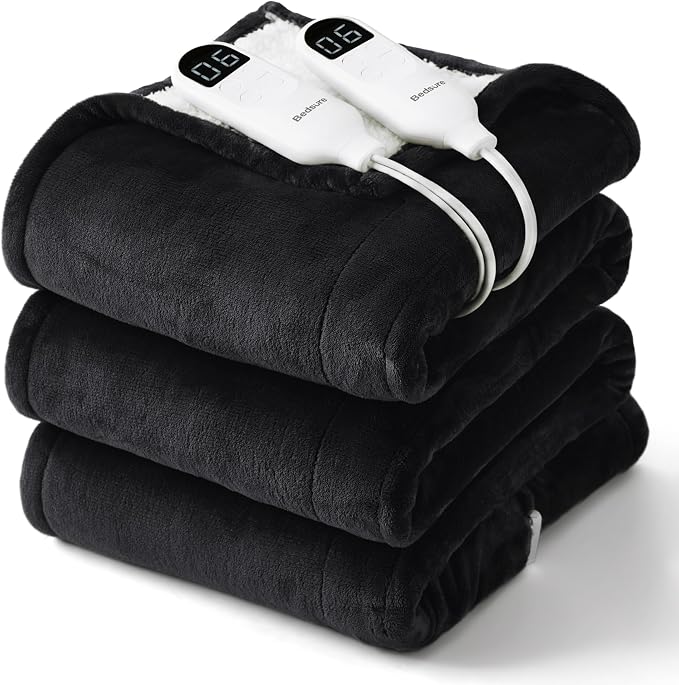 Bedsure Heated Blanket King Size, Dual Control Electric Blanket, Black | Preheat Function,6 Heat/6 Timer Settings, 8H Auto Shut-Off, ETL/FCC, Soft Flannel Sherpa, Machine Washable, 84x90in