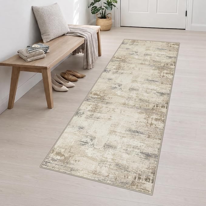 2.6x10 Washable Runner Rug:Modern Abstract Soft Carpet Beige Brown | For Hallway, Bedroom, Kitchen, Laundry, Bathroom,Door Mat,Modern Abstract,Machine washable,Non-Slip,Stain Resistant,Indoor