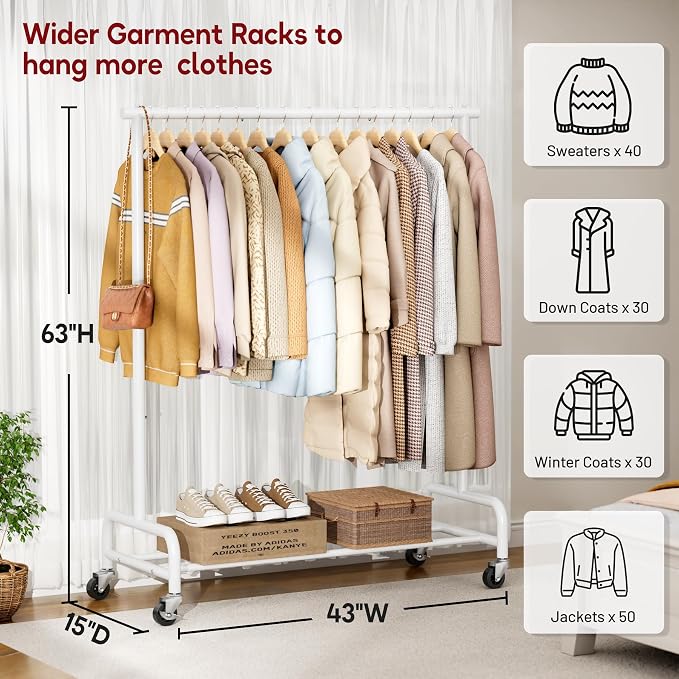 SLEEPING LAMB Heavy Duty Clothes Racks for Hanging Clothing Rack, 43" Wide Rolling Garment Rack Metal Wardrobe Rack with Wheels Closet Hanger Rack for Coats, Shirts, Dress, (White)