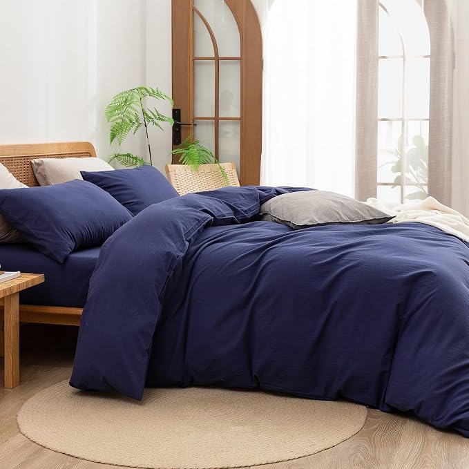 BESTOUCH Cotton Solid Duvet Cover Set Linen Feel Navy Blue Oversized Full | 100% Washed Cotton, Soft Wrinkle Texture, Hidden Zipper, 8 Ties, Breathable Lightweight Durable Comfy, 3 Pcs No Insert