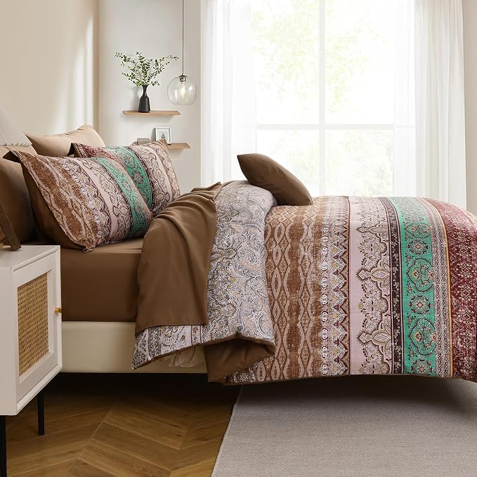 Boho King Size Comforter Set 8 Pieces, Brown Bohemian Striped Bed in a Bag, Paisley Soft Microfiber Bedding Comforter Set