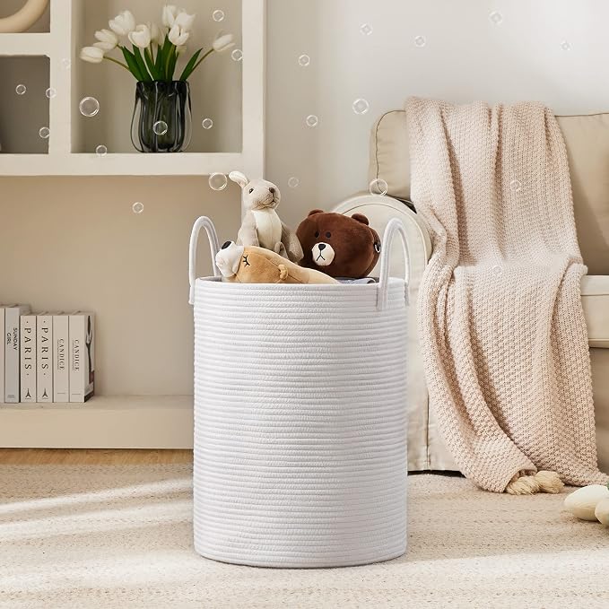 Woven Rope Laundry Hamper Basket by YOUDENOVA, 58L Tall Laundry Basket, Baby Nursery Hamper for Blanket Storage, Clothes Hamper for Laundry in Bedroom-Large-Pure White | Large Woven Laundry Hamper with Sturdy Handles, Collapsible Home Decor Laundry Bas...