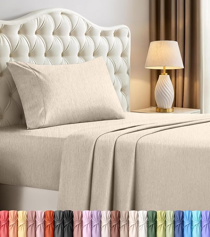 Twin Sheet Set, 3 Pieces 16" Deep Pocket Hotel Luxury Sheets, Heather Beige | Extra Soft Bedsheet Set, Comfy & Breathable Cooling Sheets, Wrinkle & Fade Resistant, Fitted Sheet, Flat Sheet, 1 Pillowcase