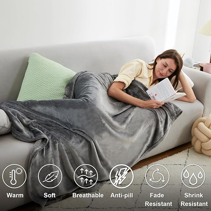 Hansleep Throw Grey Fleece Blanket, Soft Flannel Bed Blanket | Fuzzy Cozy Blanket 50x60 Inches, Multi-use for Bed, Sofa, Couch, Travel, Camping, All Season Warm Lightweight Cover