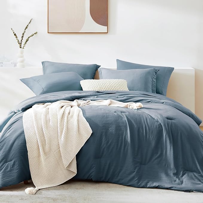 Queen Comforter Set-7 Pieces Soft Prewashed Bed in a Bag Queen Bedding Sets | All Season Comforter with Sheets, Pillow Shams & Pillowcases,Oxford Blue
