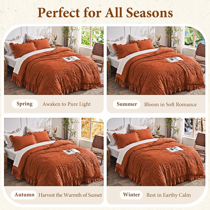 JOLLYVOGUE Burnt Orange Comforter Full Size, 3 Pieces Seersucker Lightweight Full Size Bedding, All Season Fluffy Microfiber Bedding Comforter Set with 1 Ruffle Comforter and 2 Ruffle Pillowshams