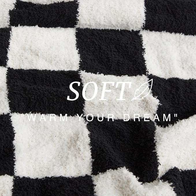 EXQ Home Checkered Throw Blanket, Knitted Blankets with Checkerboard Grid Pattern, Soft Cozy Fluffy Throw for Couch Bed Sofa, Warm Fuzzy Plaid Blanket for All Seasons,Black, 50"×60"