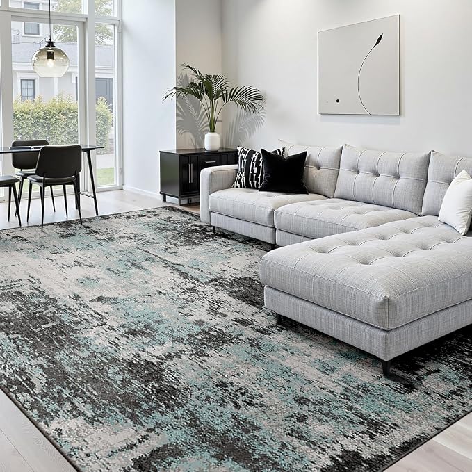 RELEANY Washable 5'x8' Abstract Area Rug for Living Room Teal Black | Carpet for Bedroom, Kitchen, Office, Hallway and Entryway, Printed Pattern, Non‑Slip, Soft, Stain‑Resistant, Easy to Clean