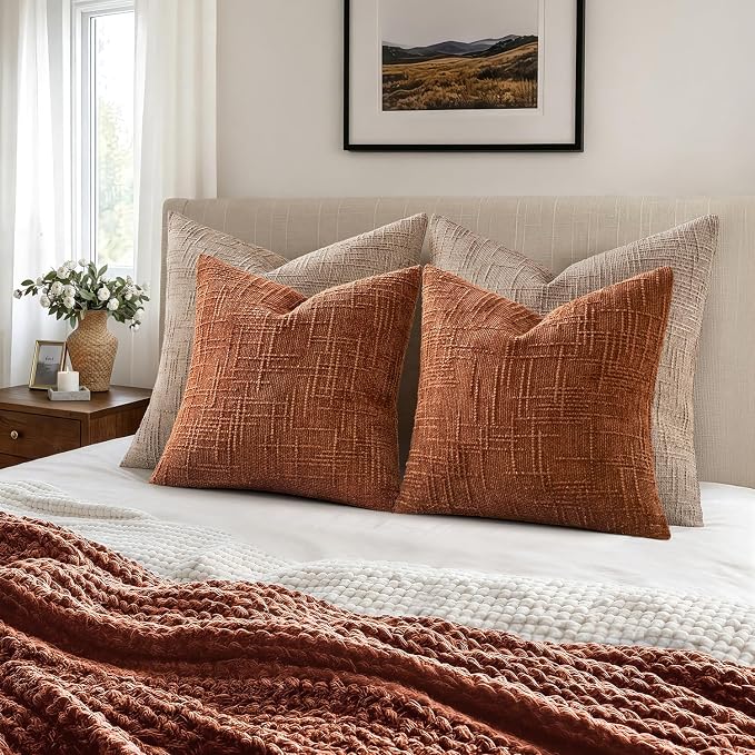 MIULEE Chenille Textured Fall Throw Pillow Covers Burnt Orange 18x18 | Set of 2, Slubby Decorative Pillows, Boho Farmhouse Home Decor, Modern Neutral Cushion Covers for Couch Sofa Bed Living Room