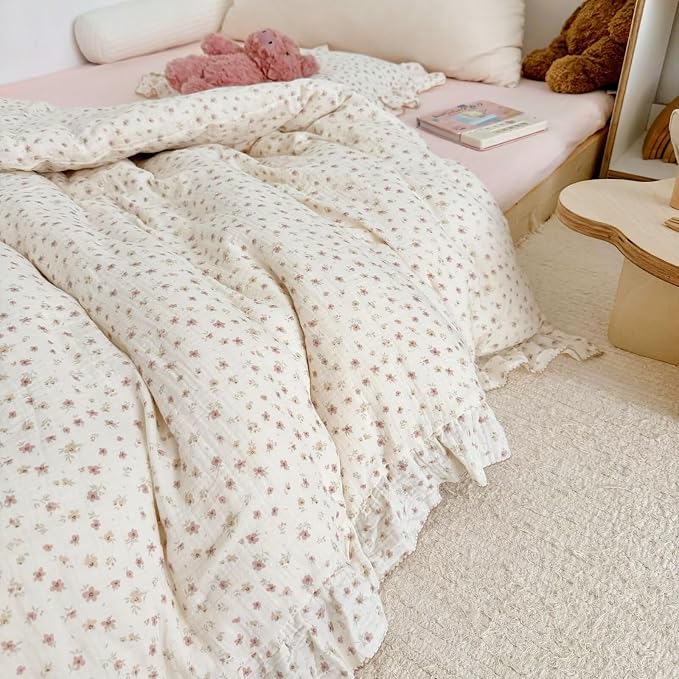 Muslin Cotton Pink Floral Print Duvet Cover for Toddler Girls Kids Comforter Cover for Toddler Bed/Crib Duvet Cover with Ruffles, 47"x59", No Pillow Cases