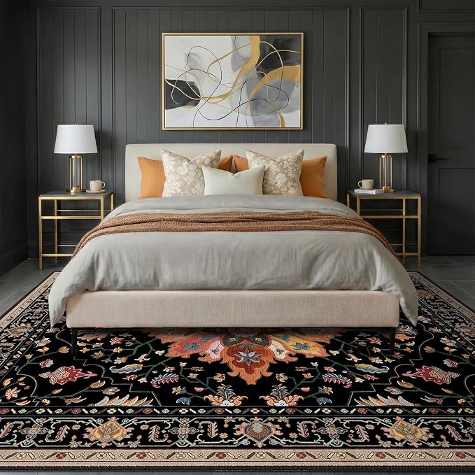 RELEANY Washable Area Rug, 8'x10', Black/Colorful | Non-Slip, Water Repellent, Pet Friendly, Easy to Clean, Vintage Floral Boho Decor for Living Room Bedroom Dining Room