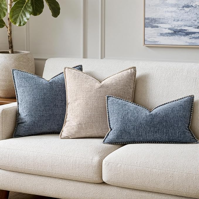 MIULEE Decorative Lumbar Throw Pillow Covers 12x20 in Dark Grey Blue 2 Pack | Farmhouse Pillow Covers with Stitched Edge, Soft Chenille Cushion Cases, for Couch Sofa Bed Living Room Home Decor