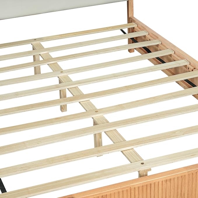 Christopher Knight Home Jill Modern Queen Bed Frame with Headboard, Bed Frame Queen with Upholstered Headboard, Wooden Queen Platform Bed Frame with Slat Supports, No Box Spring Needed, Natural+White