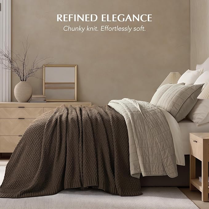 EVERGRACEHOME Chunky Chenille Knit Throw Blanket, 90 x 90, Cocoa Brown | Sculpted Moss Stitch, Chic Modern Farmhouse, All-Season Warmth, OEKO-TEX® Certified, Oversized Queen for Couch, Bed, Sofa