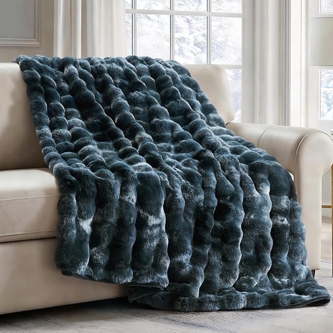 EverGrace Faux Rabbit Fur Bubble Throw Blanket, 50"x60", Marble Deep Indigo | Ultra Soft, Luxury Faux Rabbit Fur Throw, Thick Warm Bubble Blanket, Cozy Fluffy Reversible, for Bed, Couch, Chair, Sofa