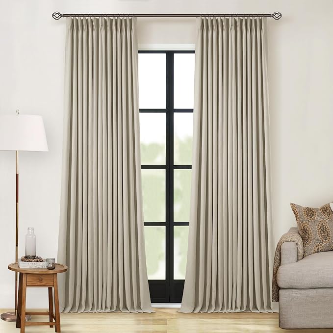 Burlywood Birch 100% Blackout Pinch Pleated Linen Curtains 126 Inches Long | Pinch Pleated with Hooks Rings, Blackout Liner, Thermal Insulated Light Blocking, for Living Room Bedroom, 2 Panels W40xL126