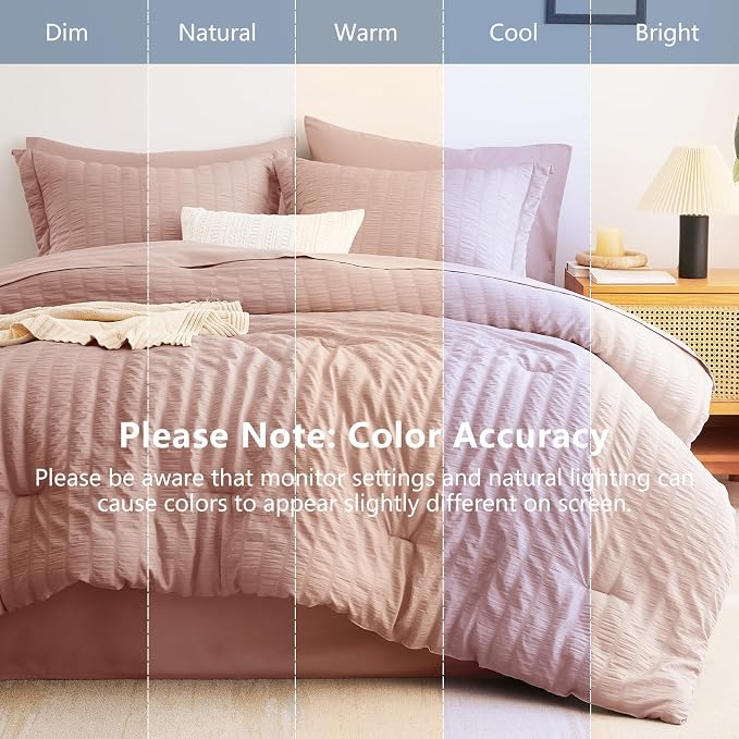 Queen Comforter Set, 7 Pieces Rose Gold Seersucker Bed in a Bag | OEKO-TEX Certified, All Season Bedding Set with 240 GSM Down Alternative Comforter, Flat & Fitted Sheets, Pillowcases & Shams