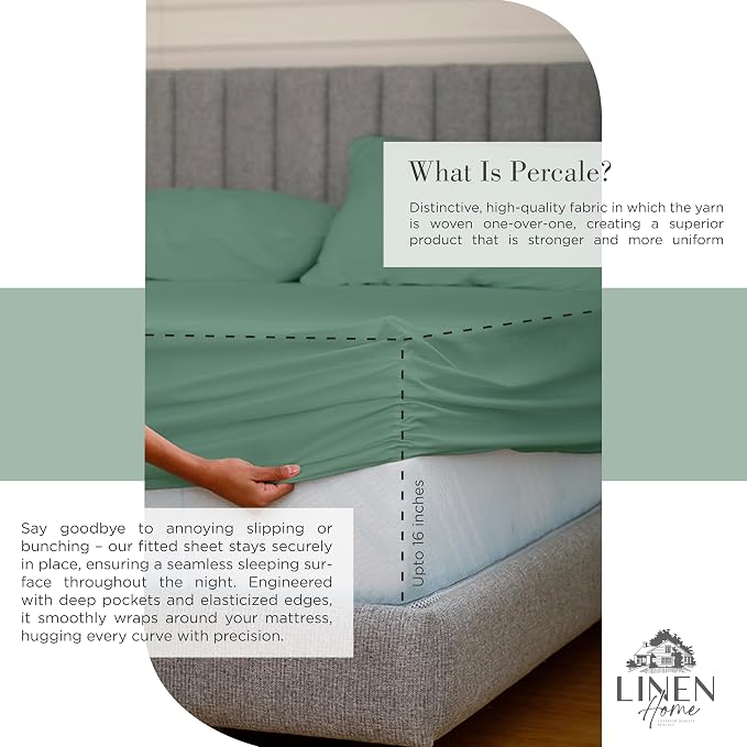 Linen Home 100% Cotton Percale Sheets Full Size, Frosty Green, Deep Pocket, 4 Pieces Set- 1 Flat, 1 Fitted and 2 Pillowcases, Crisp Cool and Long Staple Strong Bed Linen