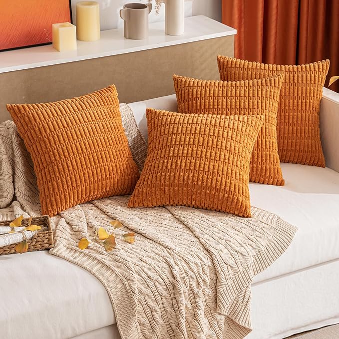 MIULEE Fall Decorative Throw Pillow Covers 16x16 Burnt Orange Pack of 2 | Soft Corduroy Boho Striped Pillow Covers Modern Farmhouse Autumn Home Decor For Sofa Living Room Couch Bed
