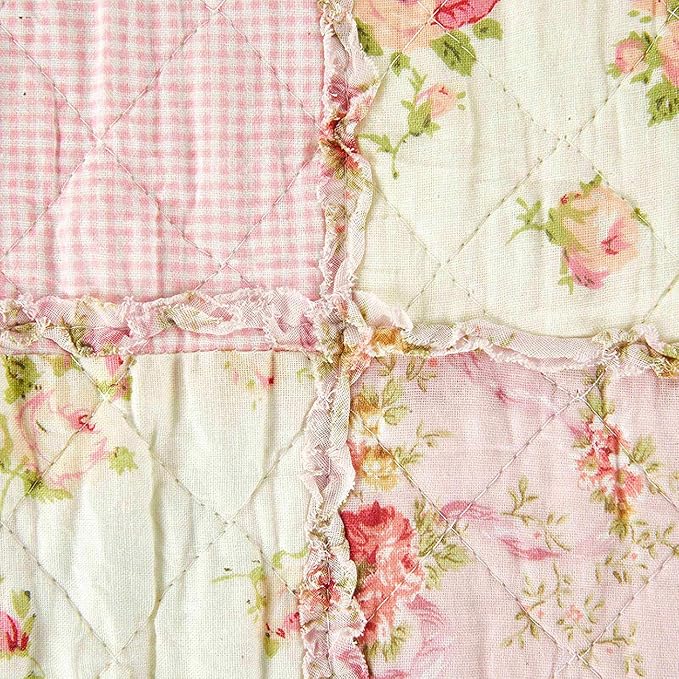 Cozyholy Original 100% Cotton Quilt Full Queen Size Pink Floral Patchwork Quilt, Lightweight Reversible Bedspread Quilted Throw Blanket, Vintage Shabby Chic Cottage Bedding Coverlet for Bed Couch Sofa