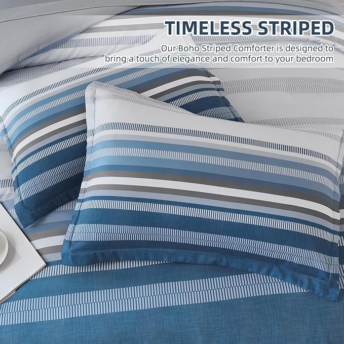 Dobuyly Grayish Blue Queen Comforter Set 7 Pieces, Boho Striped Bed in a Bag Queen Size Soft Microfiber All Season Grey Bedding Set with Comforter, Sheets, Pillowcases & Shams