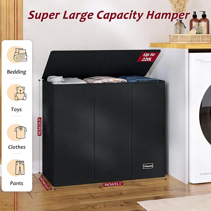 220L Laundry Hamper 3 Section,Large Laundry Hamper with Lid,Dirty Clothes Hamper with 3 Inner Bags,Collapsible Laundry Basket Organizer for Laundry Room,Bedroom,Laundry Sorter Hamper 3 Compartment