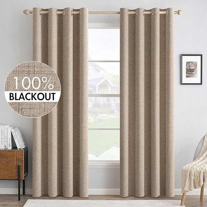 MIULEE 100% Blackout Linen Curtains for Bedroom 52x90 Inches Copper Brown | Room Darkening, Light Blocking, Thermal Insulated, Grommet Top, Linen Textured, Window Curtains for Living Room, 2 Panels