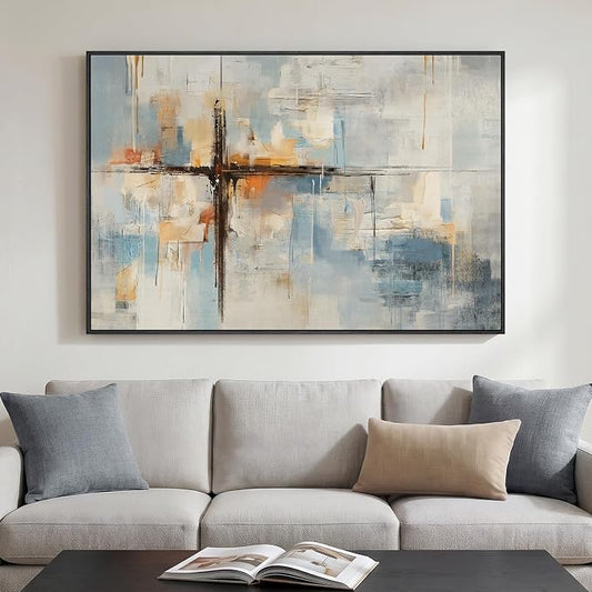 Extra Large Framed Blue Abstract Wall Art for Living Room, Horizontal 60x40 | Cross picture, Canvas prints, Wood frame, Modern blue orange paintings, Artwork for walls, Wall decor for bedroom dining room