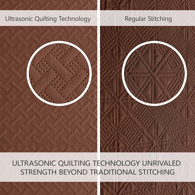 FLYMME Twin Quilt Bedding Set,Brown Lightweight Microfiber Bedspread, Modern Geometric Weave Stripe Pattern, Soft Summer & All-Season Bed Coverlet, Includes 1 Quilt & 1 Sham