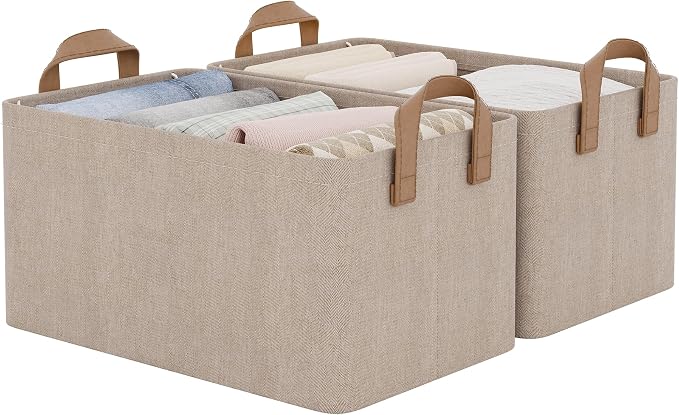 StorageWorks Storage Bins, Storage Baskets, Brown and Beige, 2-Pack | With Reinforced PU Handles, Metal Frame, Collapsible, Storage Basket for Shelves, Closet, Holds Clothes, Towels, Blankets