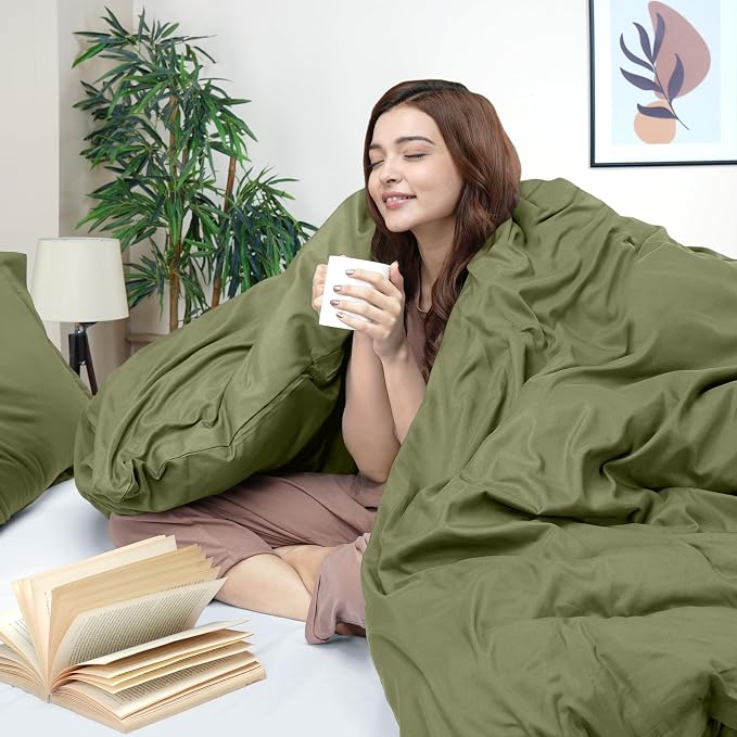 Duvet Cover Queen, 3 Piece Cotton Like Polyester With Zipper Closure, Olive | Extra Soft and Breathable, Wrinkle & Fade Resistant, Includes Duvet Cover and 2 Pillow Shams, Comforter Not Included, OekoTex